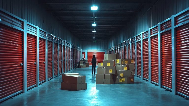 Une femme se tient au milieu d'un espace de stockage avec des cartons