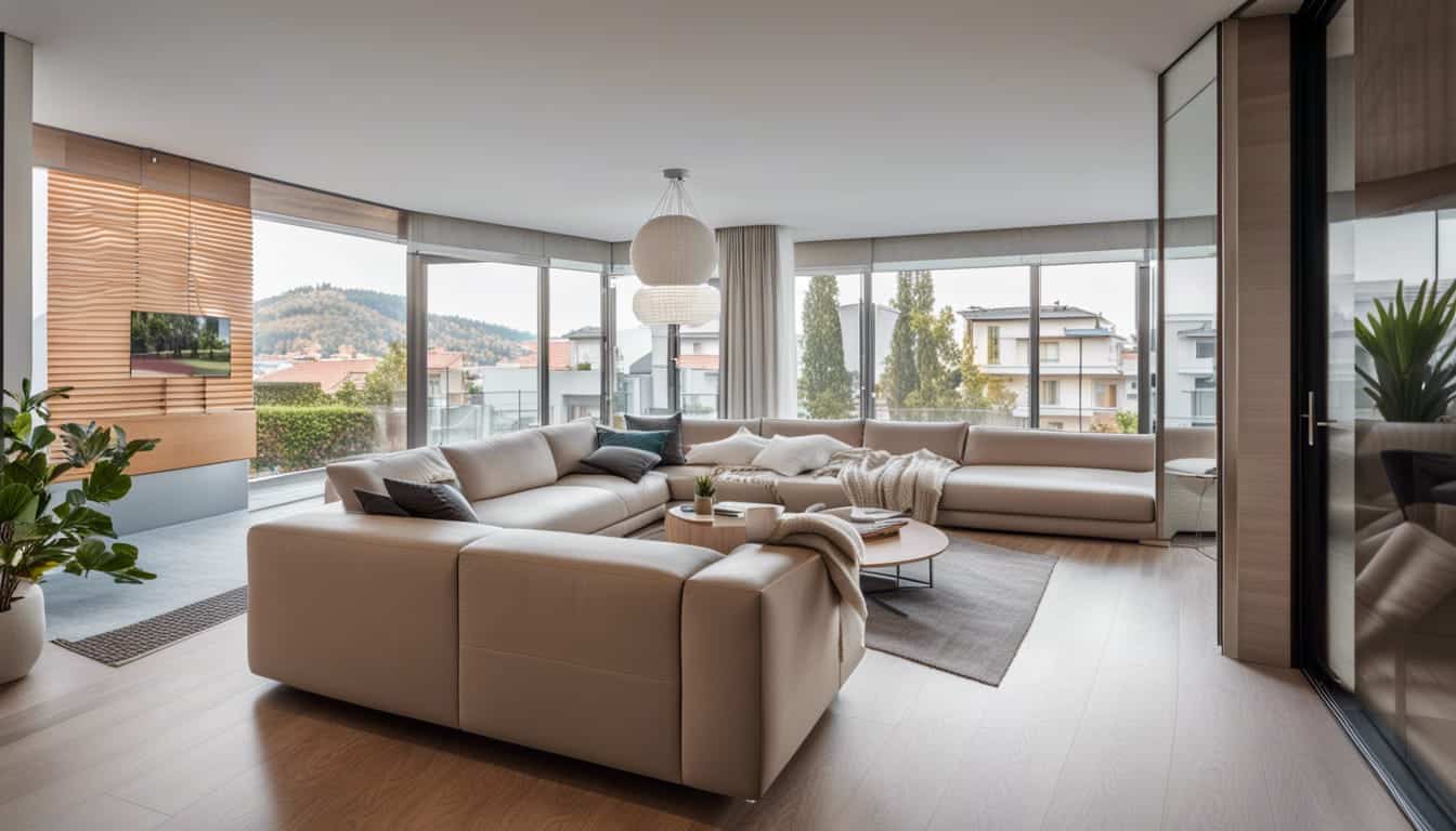 L'intérieur d'un salon d'appartement avec une belle vue et un parquet clair