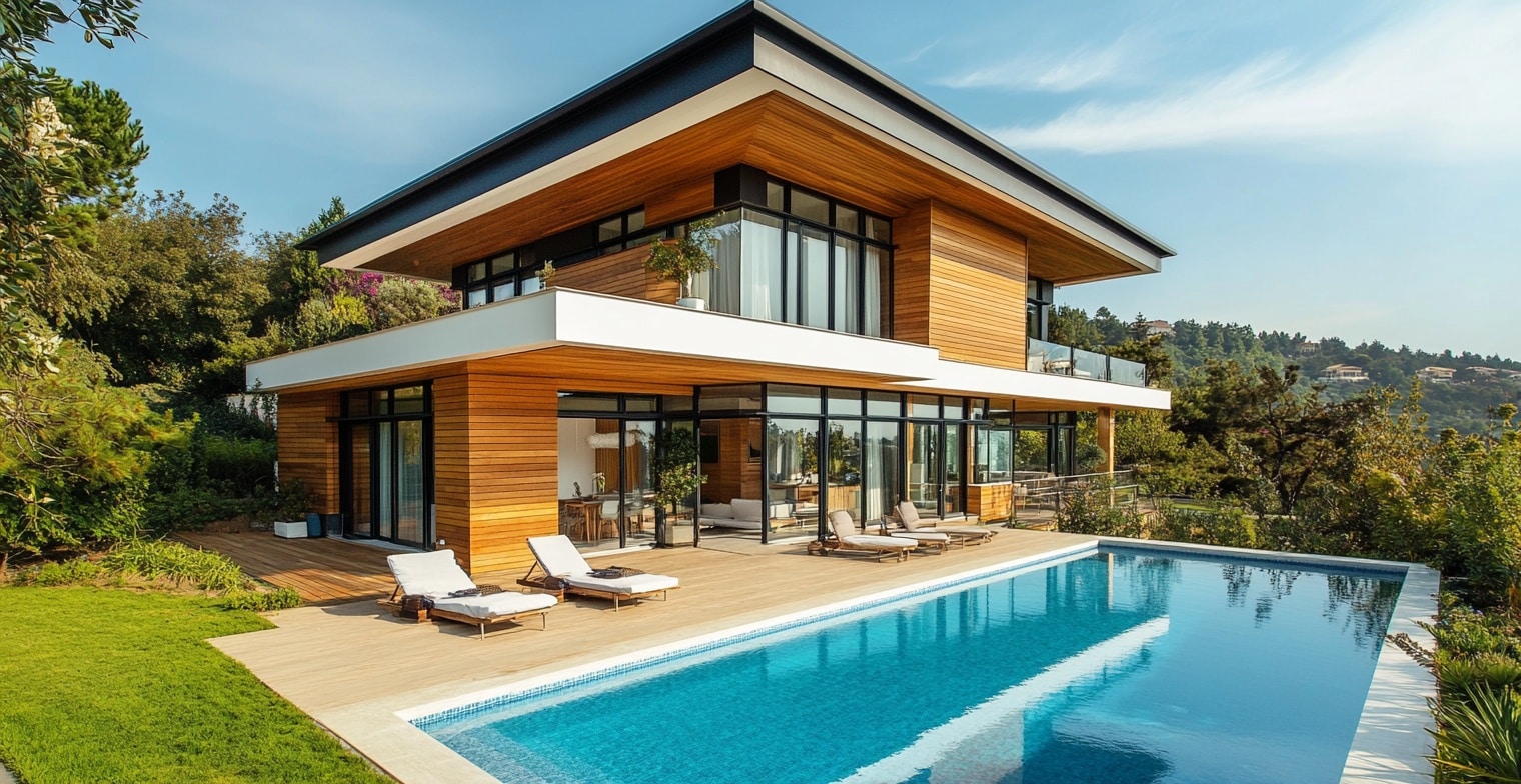 Une grande maison en bois avec une piscine devant dans le jardin