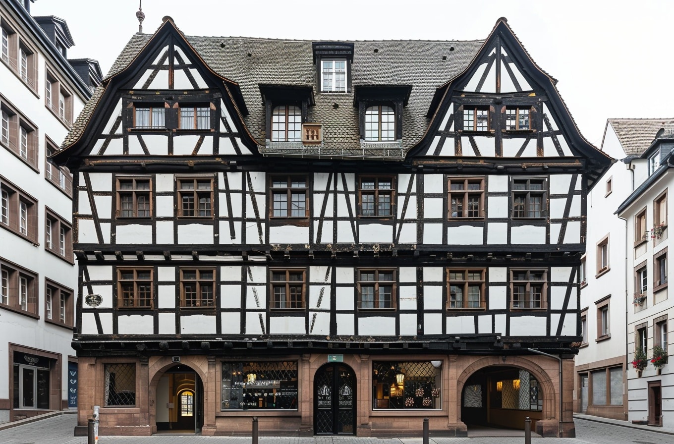 Une maison à colombages avec façade blanche