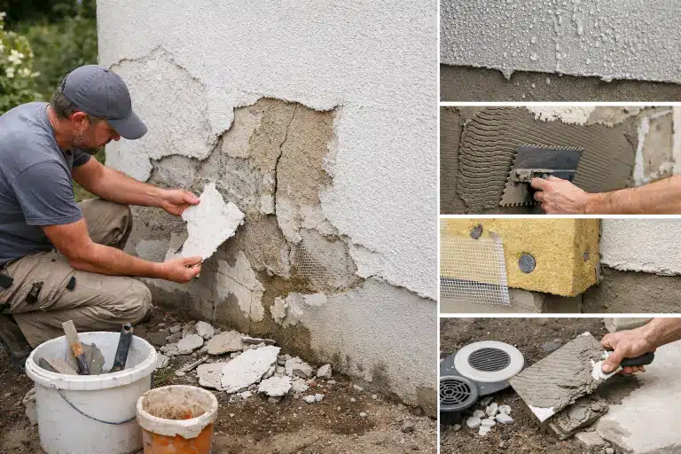 Ouvriers retirant l'enduit détérioré d'un mur extérieur