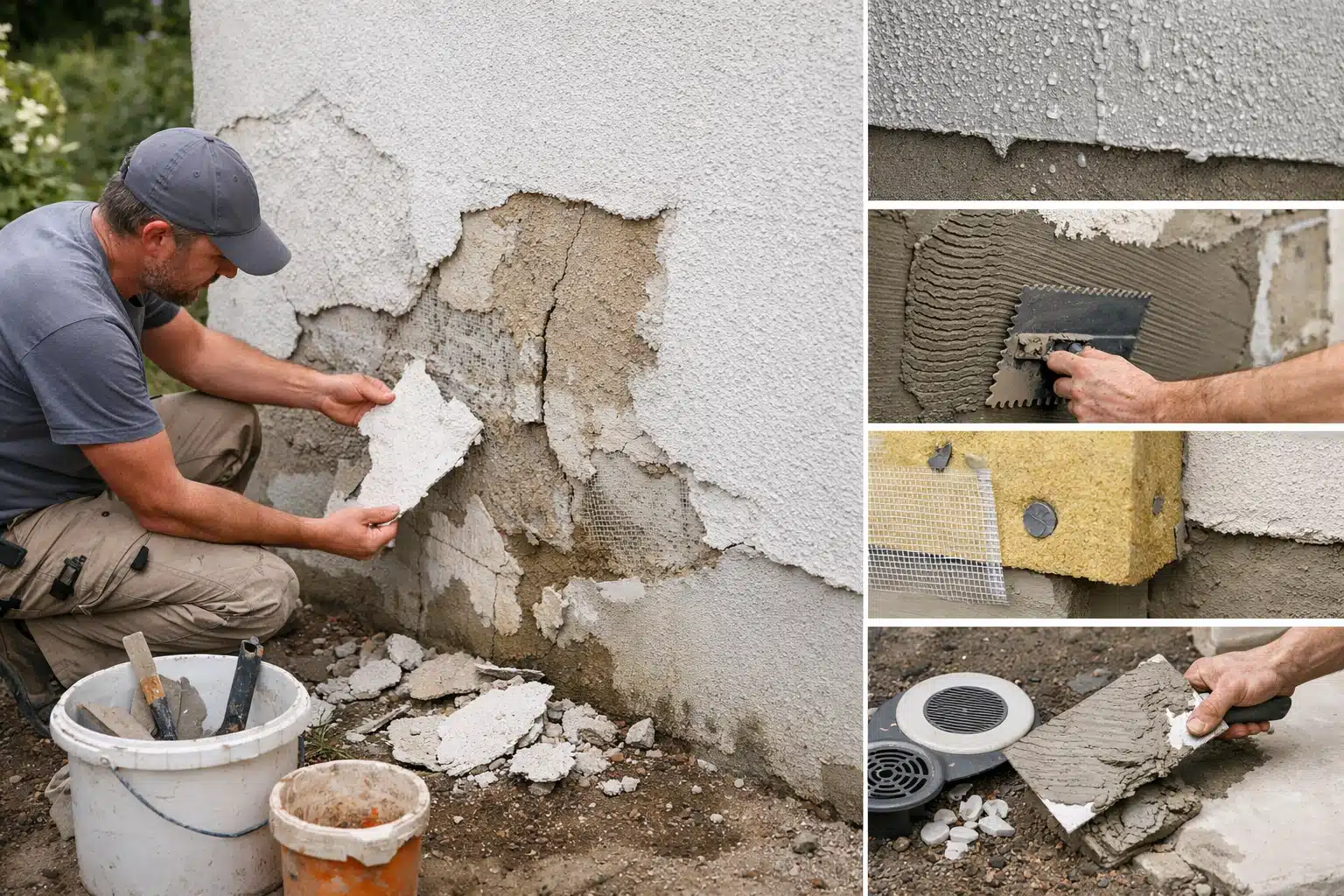 Ouvriers retirant l'enduit détérioré d'un mur extérieur