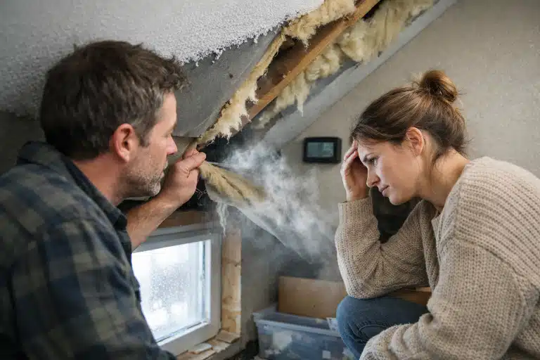 Couple examinant isolation endommagée dans les combles