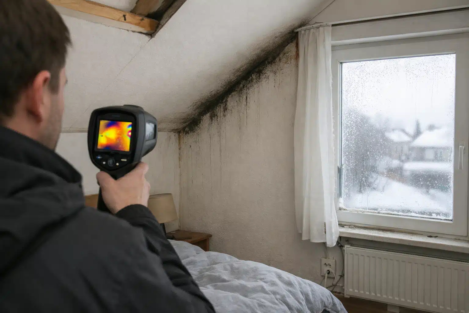 Caméra thermique visant mur mouillé et moisissures