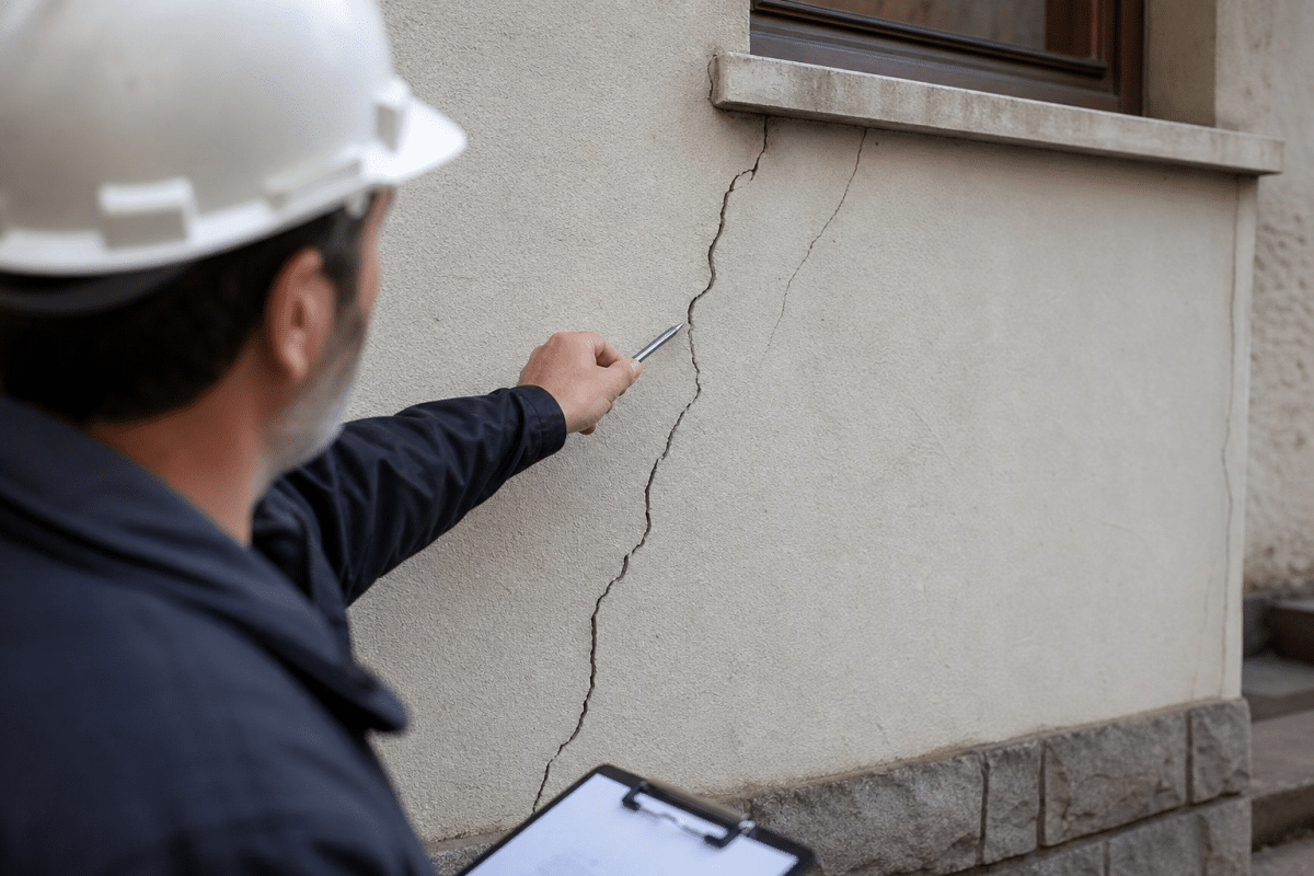 Technicien indiquant une fissure verticale sur façade
