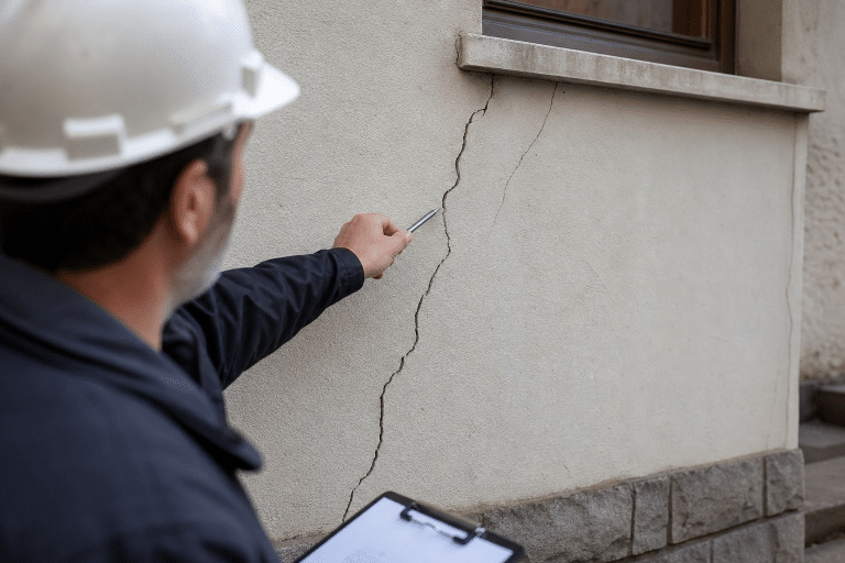 Technicien indiquant une fissure verticale sur façade