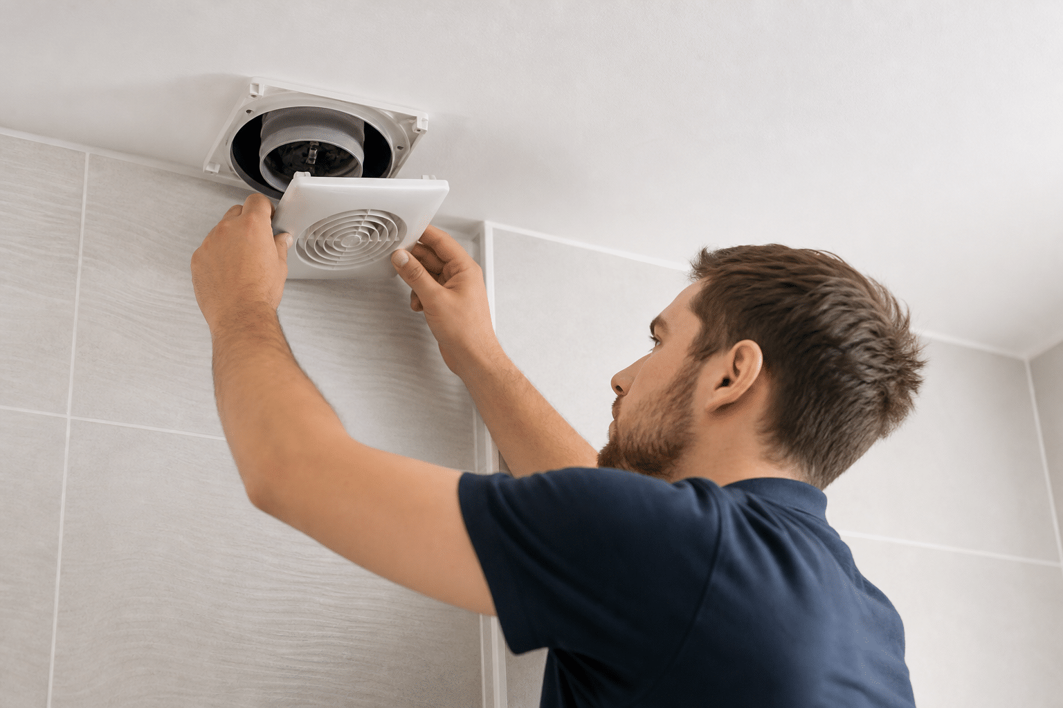 Homme installant un détecteur de fumée au plafond