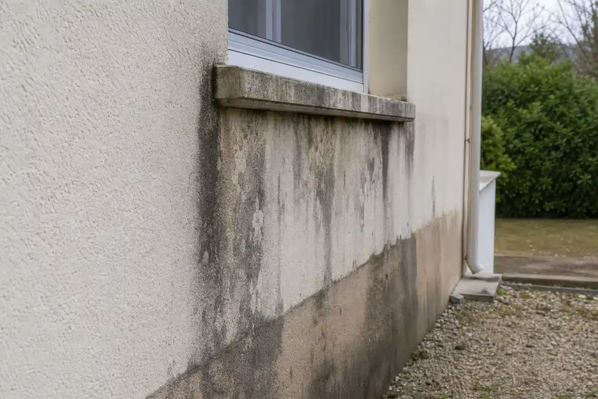 Façade beige tachée d'humidité sous une fenêtre