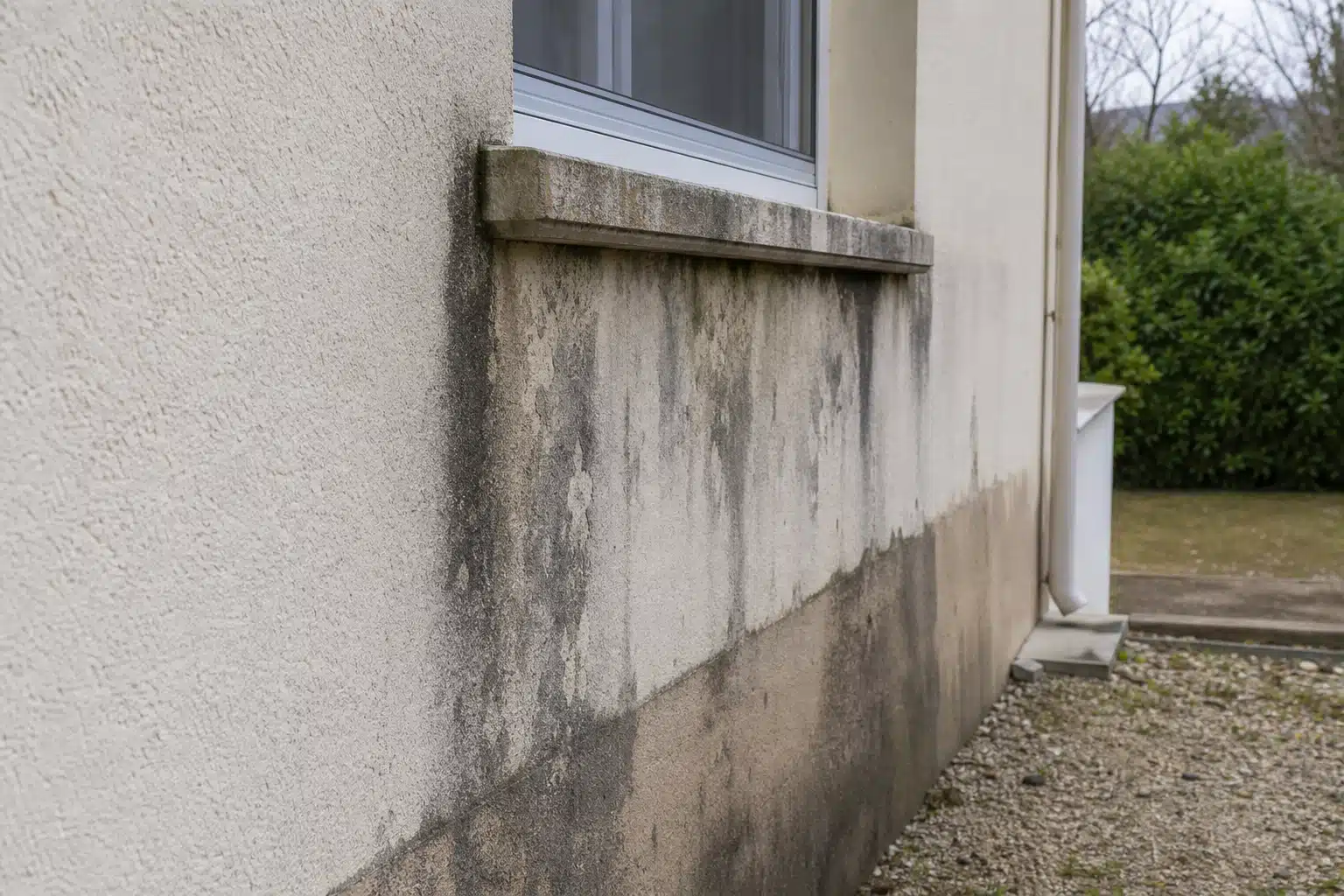 Façade beige tachée d'humidité sous une fenêtre