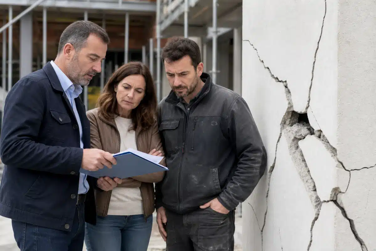 Trois professionnels du bâtiment examinant une fissure murale