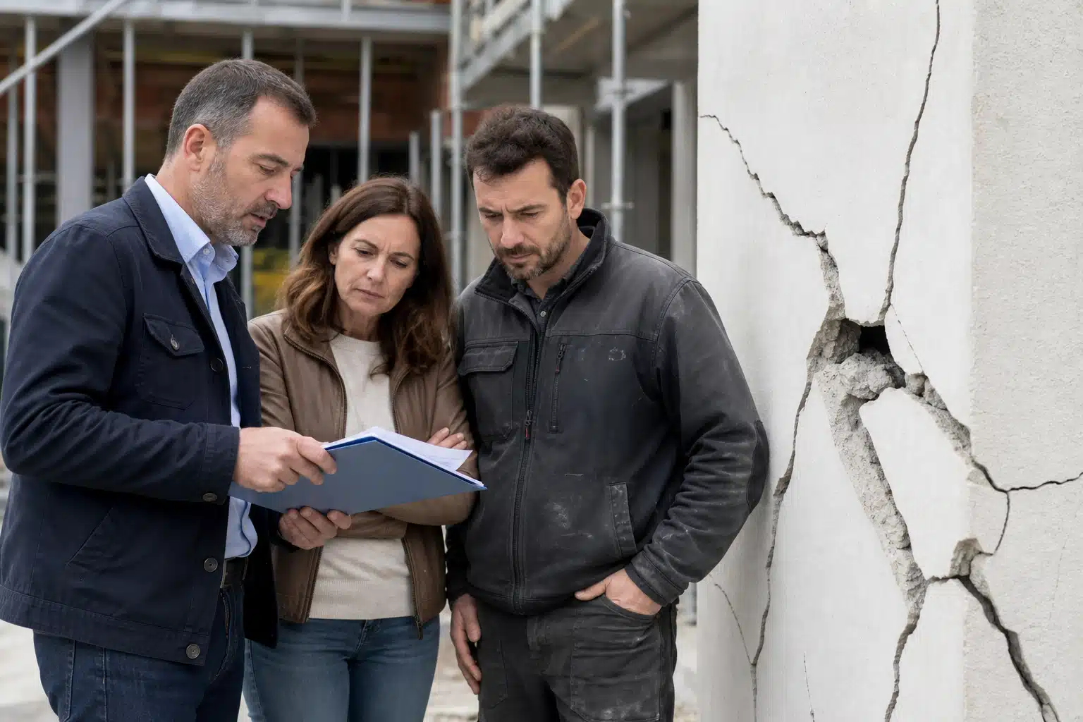 Trois professionnels du bâtiment examinant une fissure murale