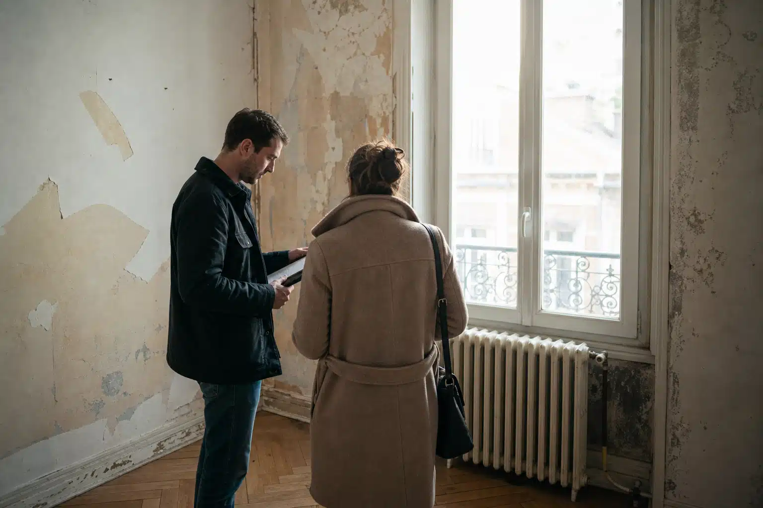Couple visitant un appartement vide près d'une fenêtre
